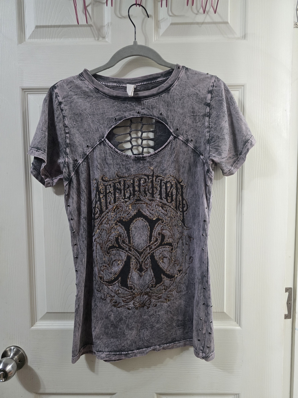 Affliction Gray Purple Acid-Wash Graphic Tee